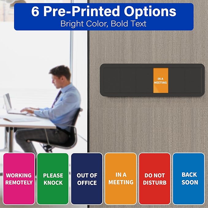 Office Door Signs with 6 Printed Status Options – Do Not Disturb, Out of Office, In a Meeting, Please Knock, Work from Home, Back Soon – Includes Custom Personalized Blank Sticker for Privacy Workspace or Studio Available and Away