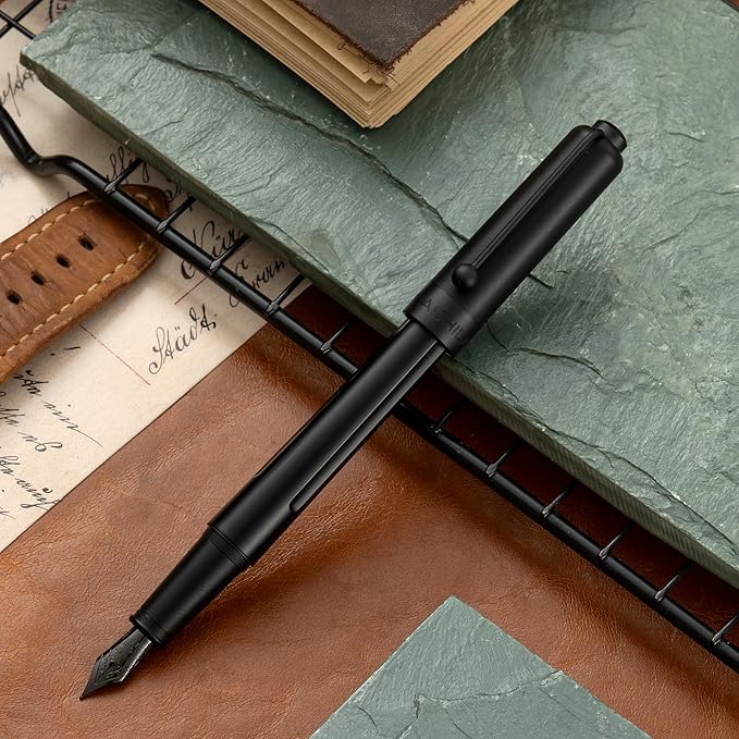 HUASHILAI Luxury Matte Black Forest Fountain Pen Set,Titanium Black Extra Fine and Medium Nibs,Includes 2 Ink Converters,10 Ink Cartridges,15ml ink，Premium Gift Case for Calligraphy (Extra Fine Nib)
