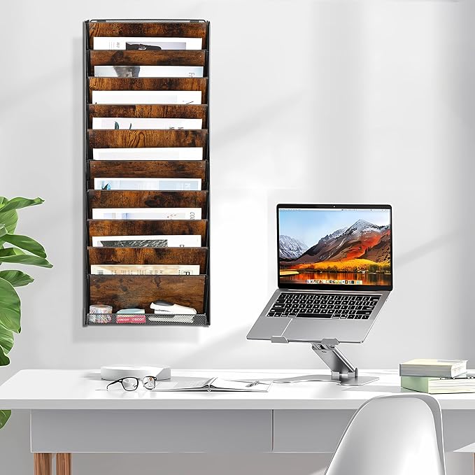 Solinxe 10-Tier Wall File Organizer, Wood Mail Organizer Wall Mounted Paper Document Magazine Holder, Hanging Clipboard Storage Basket with Tray for Office Home School Organization, Black/Antique
