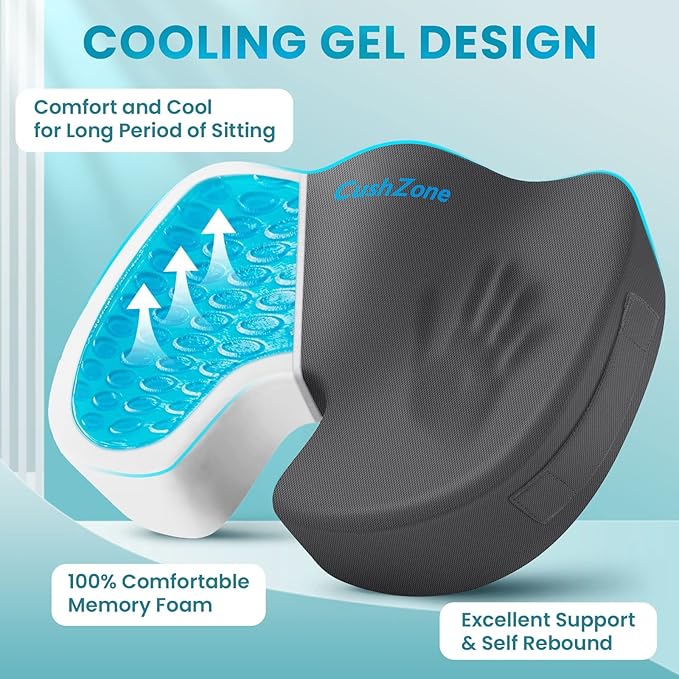 Office Chair Seat Cushion, Cooling Gel Enhanced Memory Foam Cushion for Long Sitting - Back, Sciatica, Coccyx, Tailbone Pain Relief Pillow - for Office, Gaming, Car, Wheelchair - Grey, X-Large