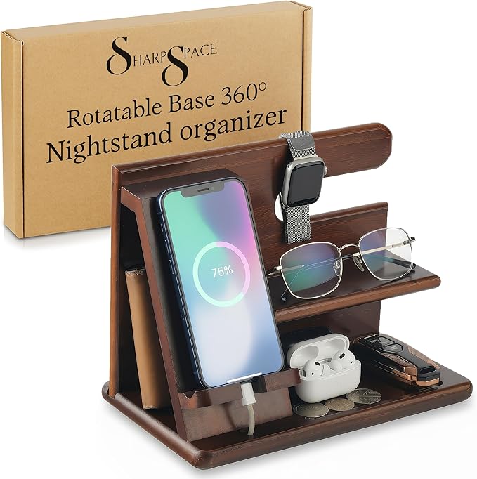 SHARPSPACE Night Stand Organizer – Wood Phone Docking Station, 360° Rotating Base with Charging Slot, Holds Watch, Wallet, Keys, Eyewear – Nightstand Organizer for Men, Bedroom or Office Use, Dark Brown