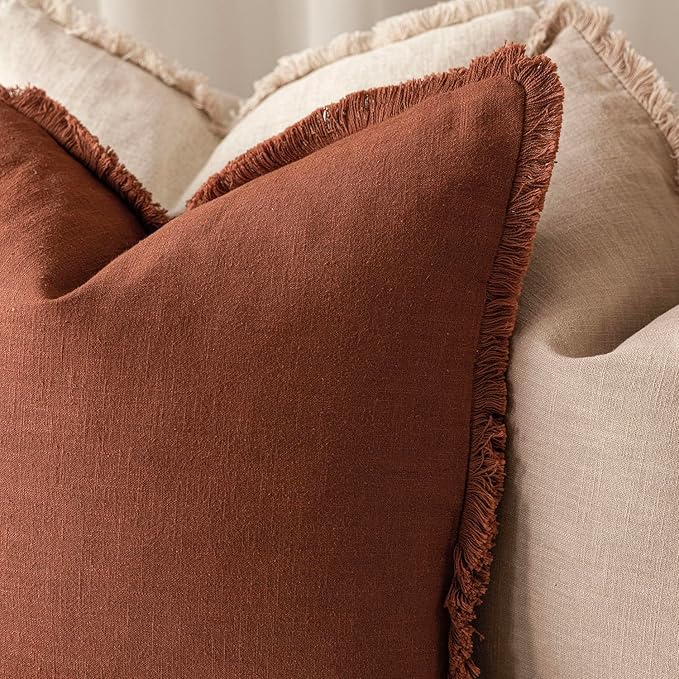Foindtower Set of 2 Decorative Linen Fringe Throw Pillow Covers Farmhouse Cushion Cover with Tassels Soft Accent Pillowcase for Couch Chair Sofa Bed Living Room Home Decor,22×22 Inch,Fall Rust Orange