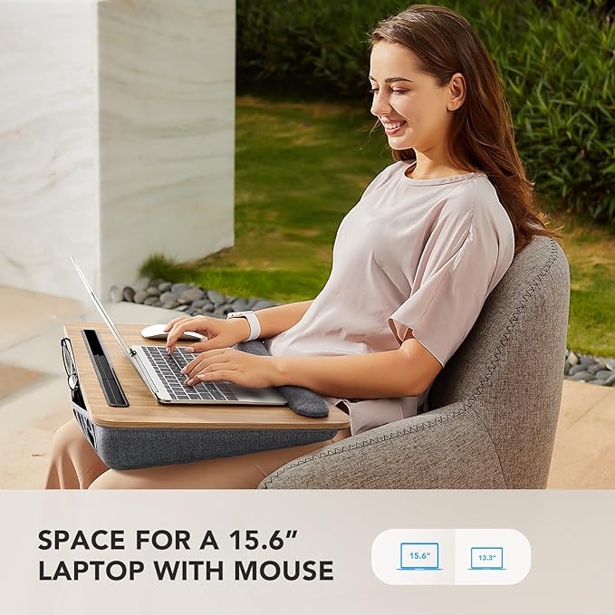 HUANUO Lap Laptop Desk - Portable Lap Desk with Pillow Cushion, Fits up to 17 inch Laptop, with Anti-Slip Strip & Storage Function for Home Office Students Use as Computer Laptop Stand, HNLD28WN