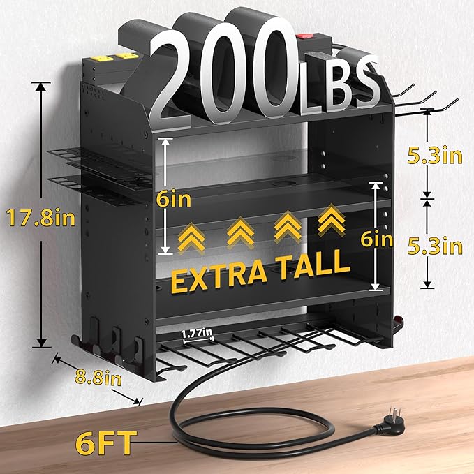 CFMASTER 4-Layer Wall-Mounted Power Tool Organizer Rack,Heavy Duty Adjustable Shelves Organizer for Cordless Power Tool Batteries,Space-Saving Garage & Workshop Charging Station 8 Outlets Power Strip