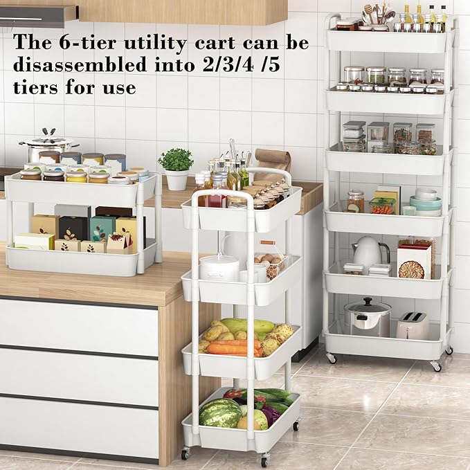 Sywhitta 6-Tier Plastic Rolling Utility Cart with Handle, Multi-Functional Storage Trolley for Office, Living Room, Kitchen, Movable Storage Organizer with Wheels, White