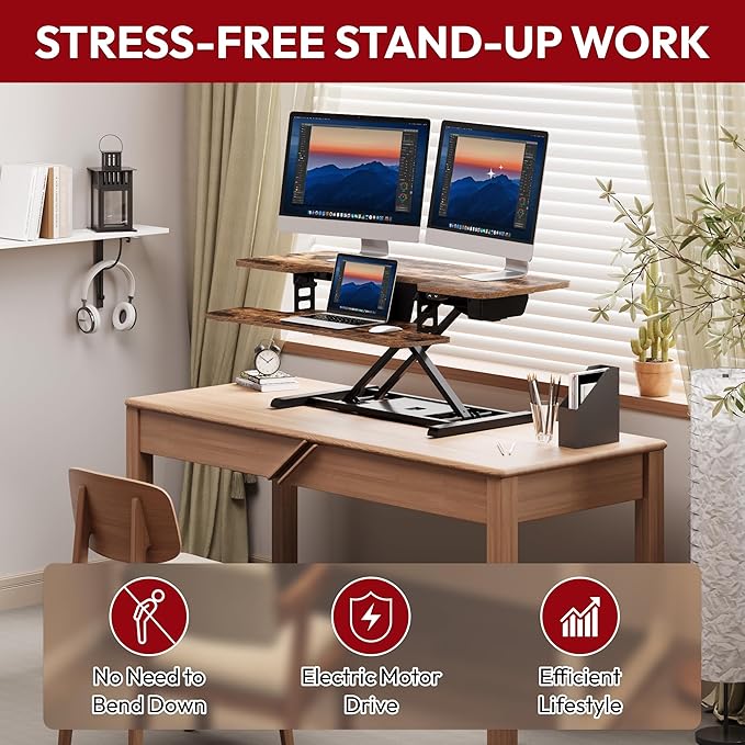 SANODESK Standing Desk Converter with Electric Motor 42" Height Adjustable Riser for Office Home,Dual Monitor and Laptop Workstation with Large Keyboard Tray, Rustic Color