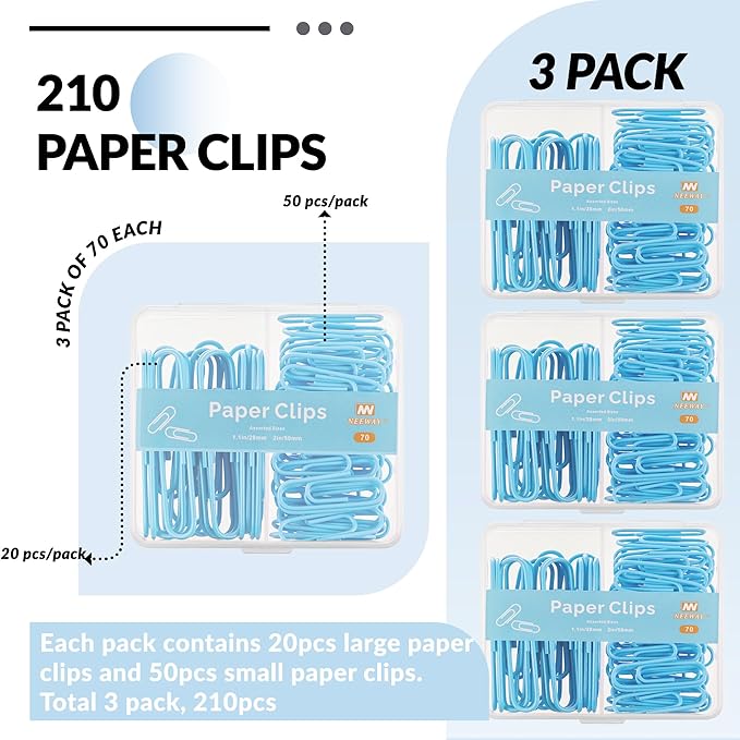 NEEWAY Colorful Paper Clips Assorted Sizes, Small and Large Paperclips, 210 Count, 3 Pack of 70 (Blue)