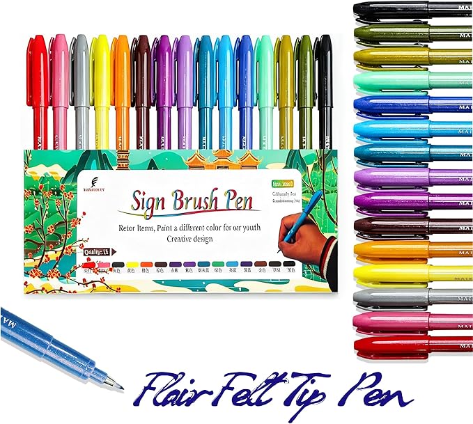 MAIKEDEPOT Sign Brush Pen, 15pcs Calligraphy pen Flair Pens Fine Point(0.4mm) Assorted Colors, Felt Tip Pens Art Brush Marker, Journaling Pen Set for Beginners Adult Hand Lettering Calligraphy