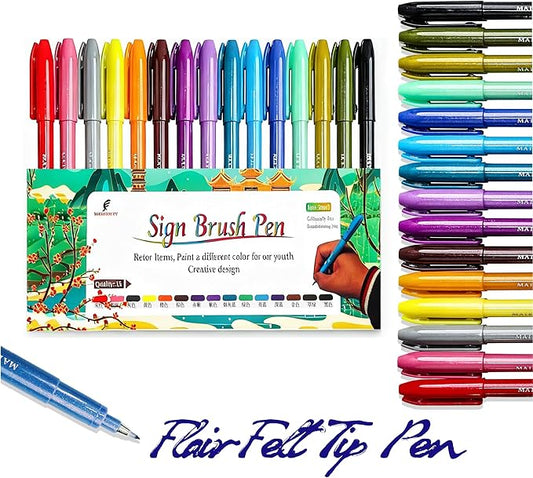 MAIKEDEPOT Sign Brush Pen, 15pcs Calligraphy pen Flair Pens Fine Point(0.4mm) Assorted Colors, Felt Tip Pens Art Brush Marker, Journaling Pen Set for Beginners Adult Hand Lettering Calligraphy