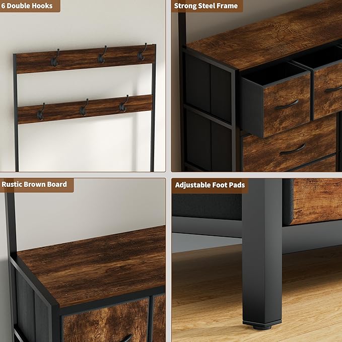 YKVIQBY 8 Drawer Dresser with 6 Double Hooks, 68.9" Tall Closet Organizer and Storage, Fabric Dresser for Bedroom, Nursery, Closet, Space-Saving Freestanding Storage Cabinet (Rustic Brown)