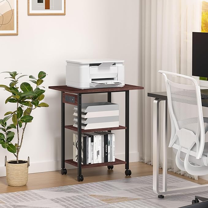 Lerliuo 3-Tier Printer Stand with Charging Station, Industrial Mobile Printer Table with Storage Shelf and Steel Frame, Rolling Printer Cart Holder with Lockable Wheels for Home, Office (Walnut)