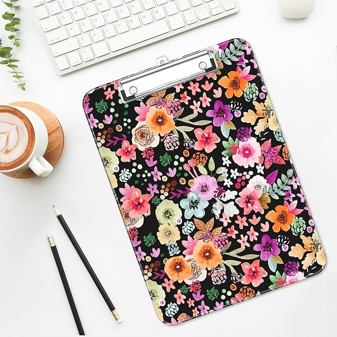 Luminzo Plastic Cute Clipboard Low-Profile Metal Clip, A4 Letter Size 9 x 12.5 in, 8.5 x 11 Paper Clip Board for Teachers, Nurses, Classroom,Watercolor Flower