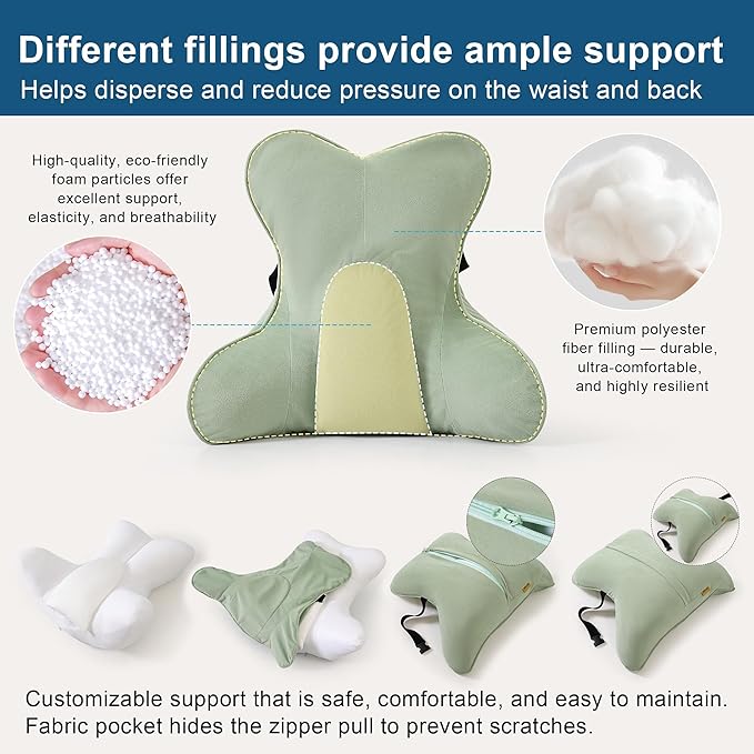 Ailuteie Ergonomic Lumbar Support Pillow(Pat. Pend) – Multi-Functional Back Cushion with Firm Support for Reading, Working & Driving,Celadon Green