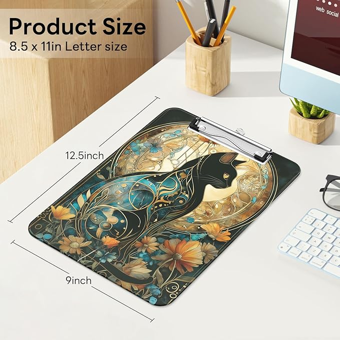 Luminzo Plastic Cute Clipboard Low-Profile Metal Clip, A4 Letter Size 9 x 12.5 in, 8.5 x 11 Paper Clip Board for Teachers, Nurses, Classroom,Flowered Glass Cat