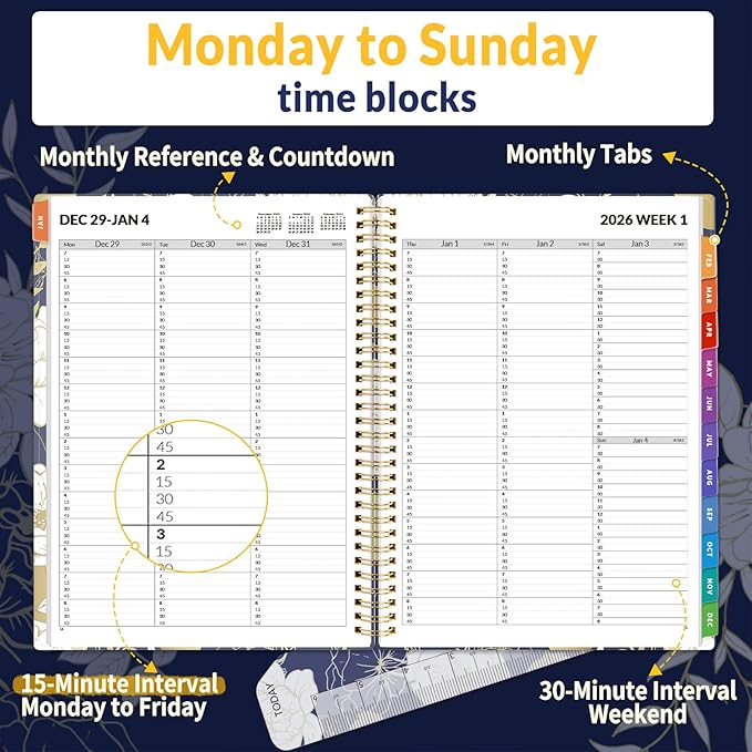 SUNEE 2026 Appointment Book, Quarter-Hourly, Weekly & Monthly - from January 2026 - December 2026, 8.5"x11" Weekly Planner, Flexible Cover, Note Pages, Pockets, Bookmark, Spiral Binding, Dark Blue