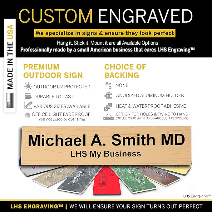 Custom Name Plate with Choice of Mounting for Walls, Doors, Cubicles, Hanging and More - Personalized Cashew Plastic Black Letters - USA Made 2x10 - N6