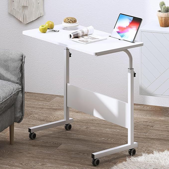 DlandHome Rolling Desk Adjustable Standing Desk, Mobile Side Table 31.4 Inches w/Wheels Adjustable C Table Movable Portable Laptop Computer Stand for Bed Sofa,White
