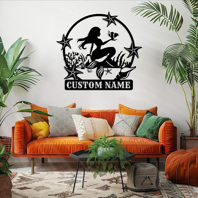 Custom Mermaid Metal Sign, Personalized Name, Wall Decor, Beach Theme, Girls Room Decor, Metal Wall Art (Style-5)