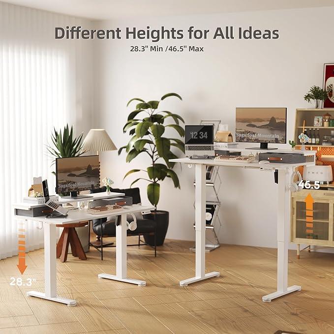 Claiks Electric Standing Desk with 2 Drawers, Adjustable Standing Desks with Storage, Height Adjustable Stand up Desk for Home Office with 2 Hooks,48 Inch White