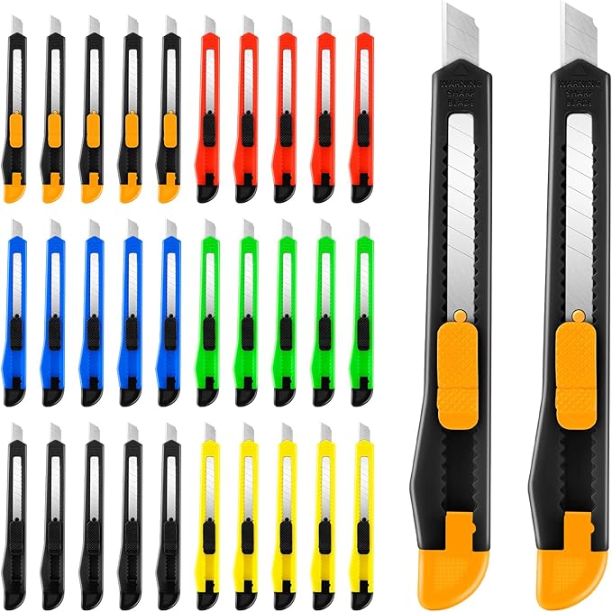 TIFICAL 30 Pack Box Cutter Retractable, Snap-Off 9MM Utility Knife, Auto-Lock Razor Knife for Home, School, Hobby Use, Compact Box Opener Exacto Knife for Cutting Boxes, Carton, Cardboard, Vinyl, Rope