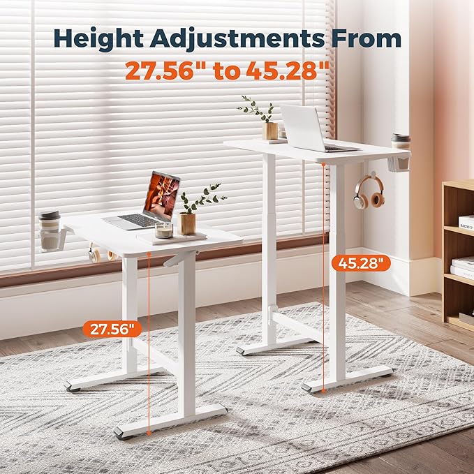 FitStand Small Small Pneumatic Adjustable Stand Up Desk, Rolling One-Piece Standing Desk 31.5 x 19.7 Inch, Home Office Desk Computer Workstation, White