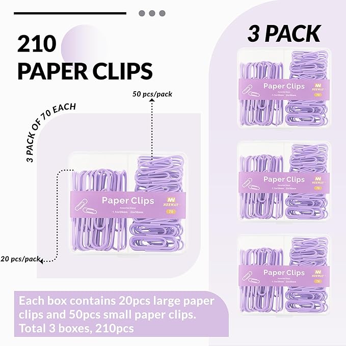 NEEWAY Colorful Paper Clips Assorted Sizes, Small and Large Paperclips, 210 Count, 3 Pack of 70 (Purple)