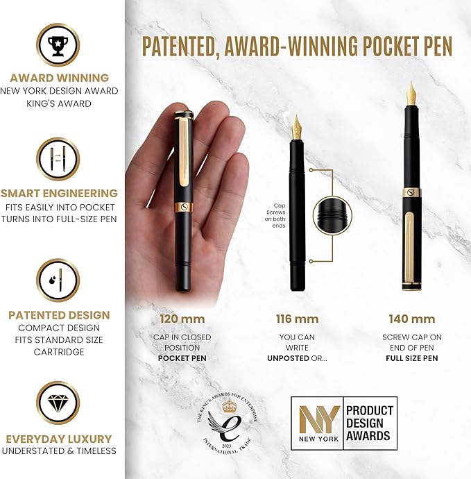 Scriveiner Luxury EDC Fountain Pen (Fine), Stunning Black Pocket Pen with Real Gold Finish, Schmidt Gilded Nib, Ink Converter, Best Writing Gift Set for Men & Women, Nice Fancy Office Designer Gift