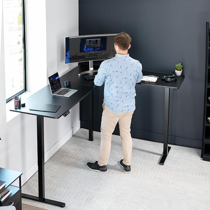 VIVO Electric Corner 84 x 63 inch L-Shaped Standing Desk, Memory Height Adjustment, Black Top Black Frame, DESK-E3CTBB-84
