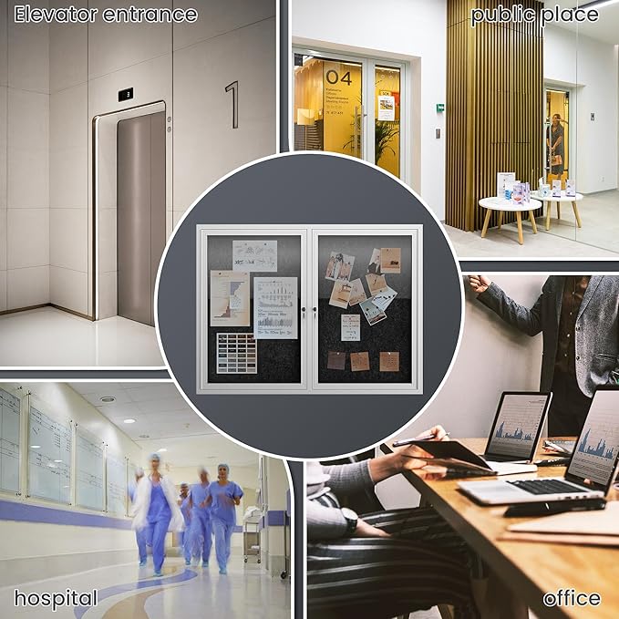 48"x36" Lockable Enclosed Bulletin Board, Outdoor Flet Weather-Resistant Aluminum Frame Notice Board, Wall Mounted Display Case Acrylic Doors for School,Office,Silver Frame w/Black Flet