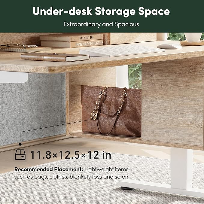 FEZIBO Electric Standing Desk 48 x 24 Inch with Monitor Shelf, 3 Drawers and Open Storage, Home Office Computer Workstation, Maple, 2 Packages