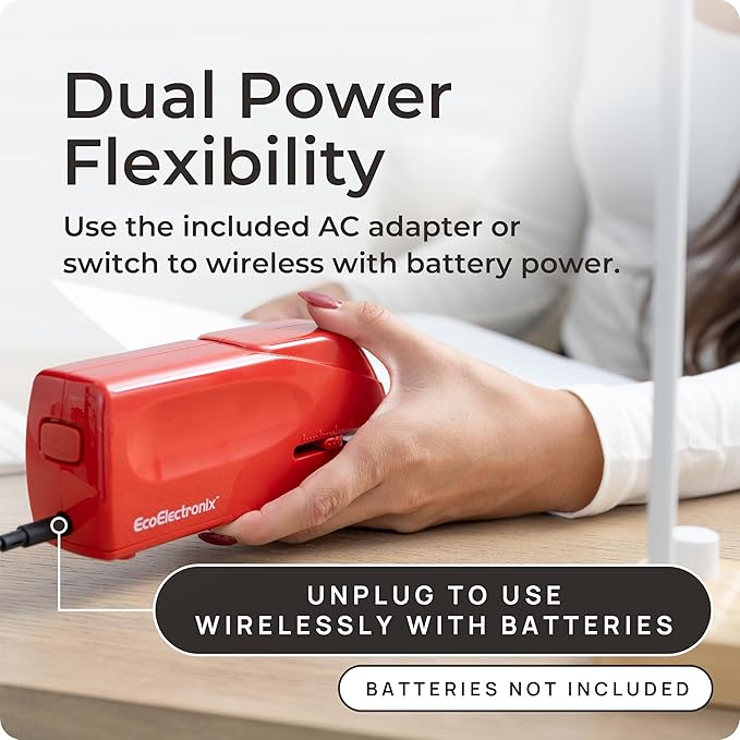 EcoElectronix Portable Automatic Electric Stapler Pro - 30 Sheet Capacity, Quiet Operation, Jam-Free and Easy Reload - AC Adapter/Battery Powered (Red)