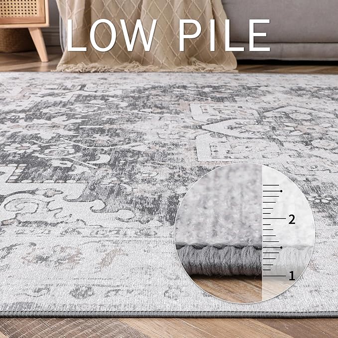 GENIMO 2x10 Runner Rugs for Hallway, Machine Washable Non Slip Vintage Rugs, Low Pile Lightweight Soft Print Rug for enrtyway, Corridor, Home, Office, Kitchen, Gray