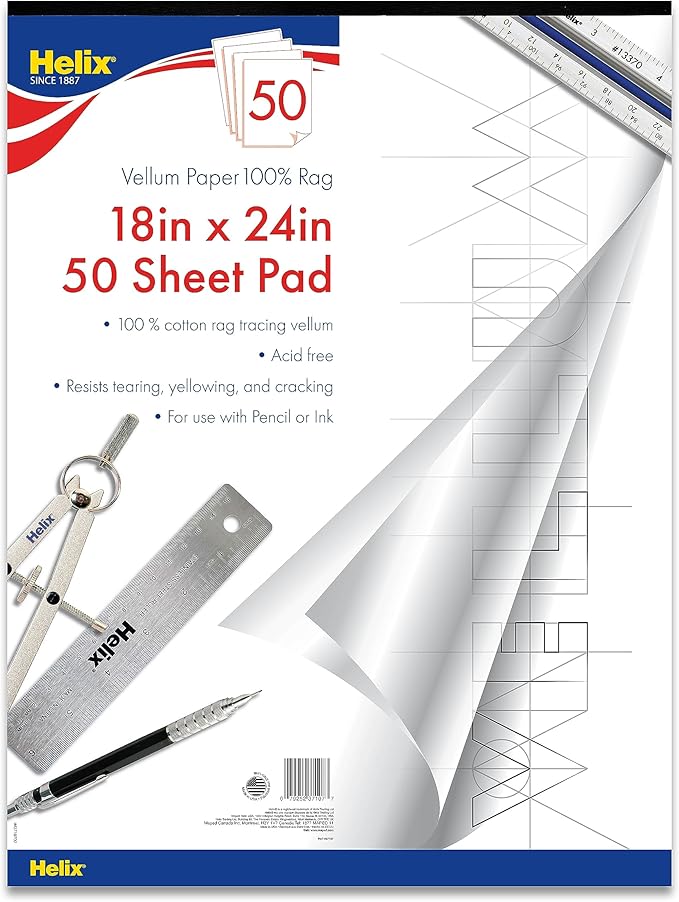 Helix - 100% Rag Vellum Paper Pad - 18 Inch x 24 Inch - 50 Sheet Pad - Acid-Free - Drafting, Art, Sketching and Tracing