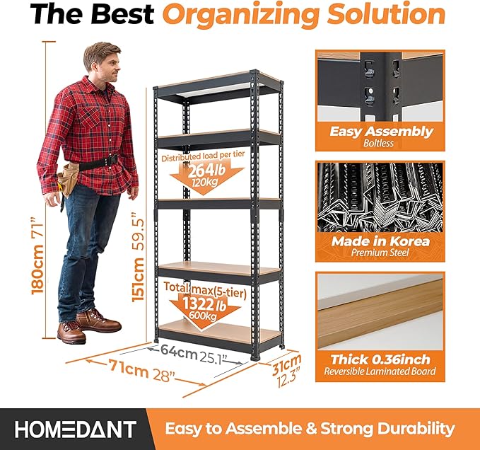 HOMEDANT 28" W 5 Tier Heavy Duty Garage Shelving Adjustable Metal Rack Storage Shelves Standing Shelf Unit Organizers Pantry Closet Black 1Pack