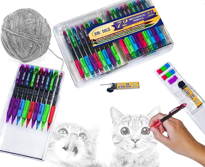 June Gold 72 Mechanical Pencils, 0.7 mm HB #2 Lead, 2 Dispensers/w 220 Graphite Refills & 16 Refill Erasers, Break Resistant Lead, Convenient Side Click & Soft Non-Slip Grip