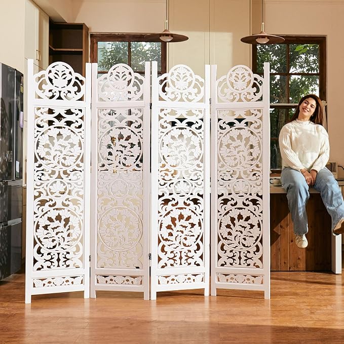 5.75Ft Room Divider Wood Screen, 33Lbs Durable MDF Carved Rustic Style Headboard, Reversible Freestanding Folding Partition Paravent for Home, 69 * 71 inch(H*W) - 4 Panels (Rustic White)