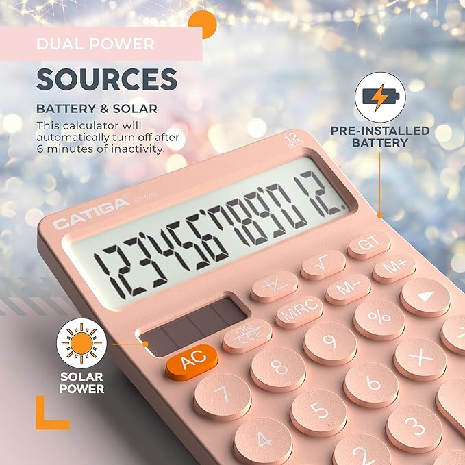 CATIGA 12 Digit Desktop Calculator Basic Desk Calculator with Large LCD Display, Big Buttons, 4 Function, Solar and Battery Dual Power, for Office, School, Home, SD-1292 Pink