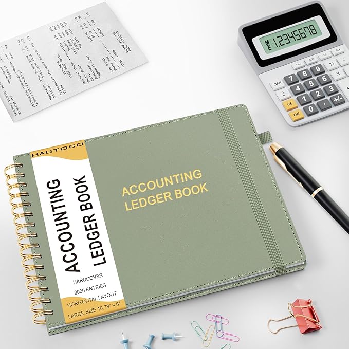 HAUTOCO Hardcover Accounting Ledger Book for Small Business Bookkeeping Horizontal Money Expense Tracker Notebook with 2 Storage Pouch, Personal Columnar Log Journal 10.78 x 8'', Olive Green