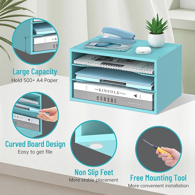 SHARKWOODS Wood Desk Organizer, 3 Tier Paper Tray Organizer for Desk with Adjustable Storage Shelves, Desktop File Organization Paper Sorter Mail Holder for Office Home Classroom, Blue