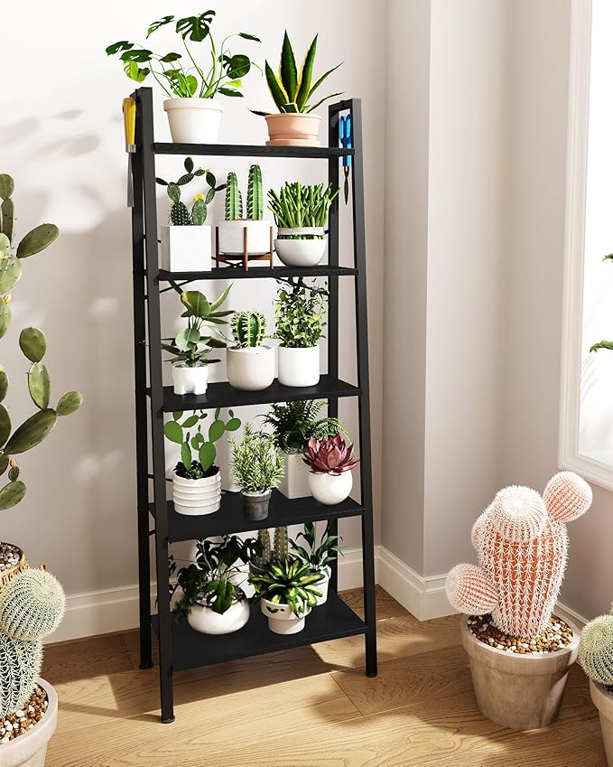 Hzuaneri Ladder Shelf, Bookshelf Bookcase, Freestanding Corner Storage Shelve with 2 Hooks for Home Office, Living Room, Kitchen, Bedroom, Industrial, 11.8" D x 23.6" W x 63" H, Black BC19304B