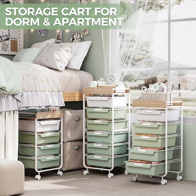 Rolling Storage Utility Cart With 5 Drawers,Craft Cart with Wheels,Makeup Organizer,Art Supply And Storage Wooden Tabletop,Green