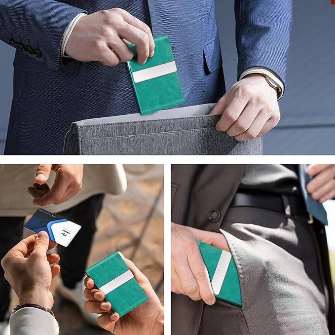 Business Card Holder for Women or Men, Business Card Case with PU Leather and Stainless Steel, Slim Metal Case with Magnetic Closure for Business Meeting Use