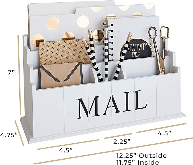 BLU MONACO | White Wooden Mail Organizer for Countertop | Standing File Organizer for Desk with 3 Tier Storage | Mail Sorter Organizer Countertop Rustic Office Kitchen