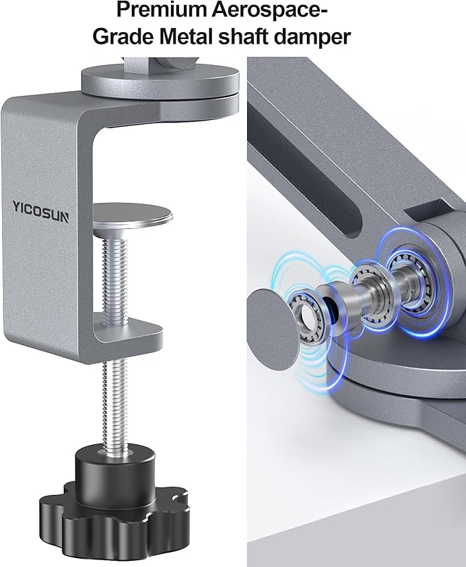 YICOSUN Tablet Arm Mount with Super Grip, Adjustable Foldable Holder & Heavy Duty Aluminum 360° Rotating Clamp for iPad, Phone, Monitor, Kindle - Universal for Desk, Bed, Kitchen - Gray