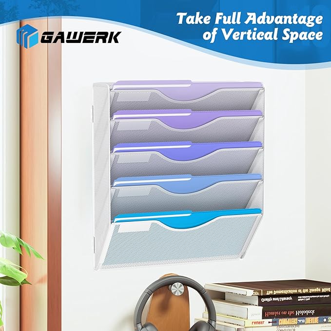 Gawerk 5 Tier Hanging Wall File Organizer, Mesh Mail Paper Orgnization Hanging File Folder Holder for Home Office, White