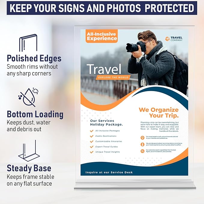 Acrylic Sign Holder 8.5 x 11, T-Shape Tabletop Display Stand, Double-Sided Bottom Load Portrait Frame, Menu and Ad Holder for Restaurants, Promotions, Photos, or Classrooms, Durable Design (3 Pack)