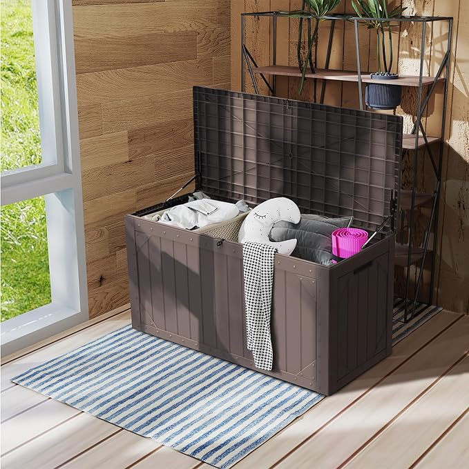 PATIOEASY Outdoor Storage Box 100GAL Waterproof Resin Deck Box,UV-Resistant Lockable Package Delivery Bin for Garden Tools,Large Patio Outside Cushions,Pool Accessories Supplies,Chest,Furniture,Brown