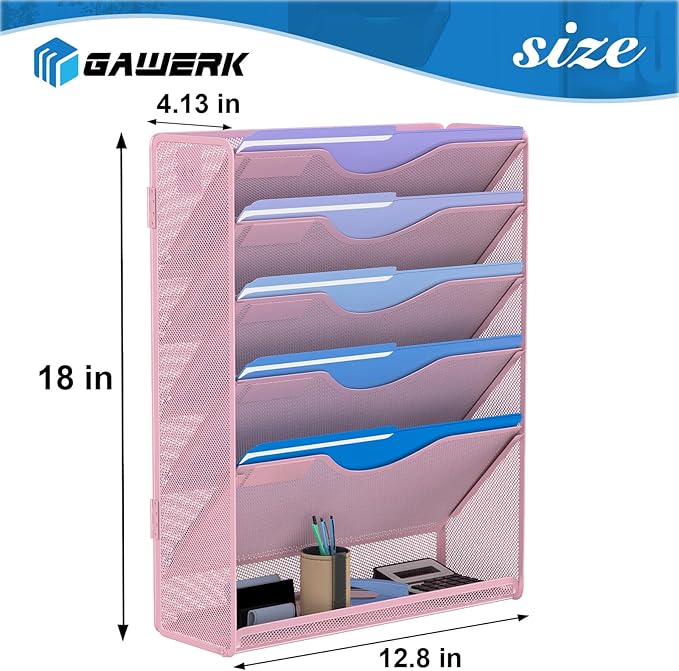 Gawerk 6 Tier Hanging File Organizer, Mesh Wall File Holder Paper Folder Rack with Bottom Flat Tray for Office Home, Pink