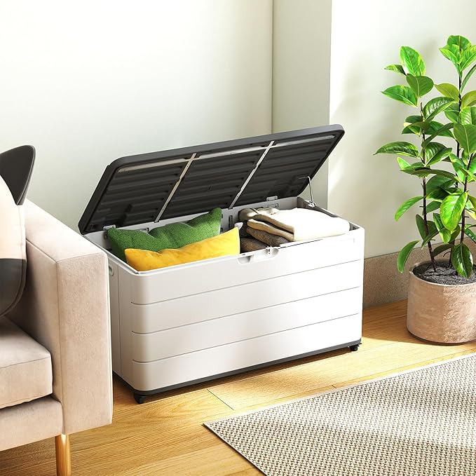PATIOEASY 100GAL Square Storage Box (With Wheels) White，Waterproof Resin Storage Bin for Patio Cushions，Accessories，UV Resistan
