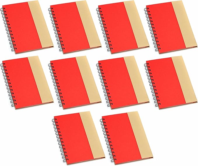 DISCOUNT PROMOS Eco Friendly Spiral Notebooks with Pens Set of 10, Bulk Pack - Perfect for School, Office, Home - Red